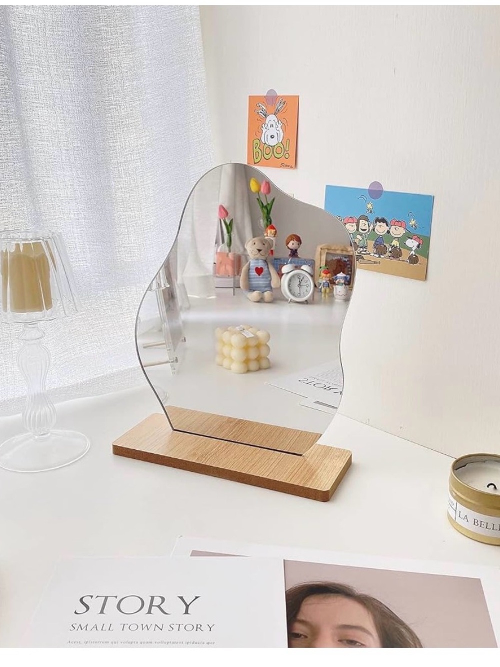 Minimal Organic-Shaped Table Mirror with Oak Base - Nordic mirror